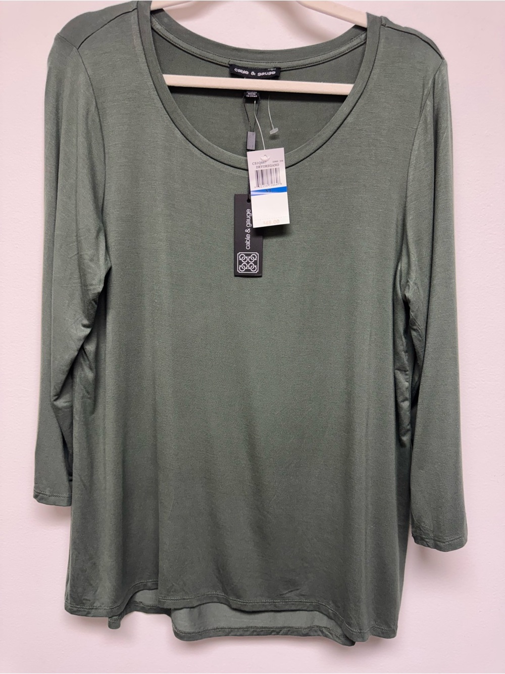 Cable & Gauge Olive Green Long Sleeve Scoop Neck Top XL NWT